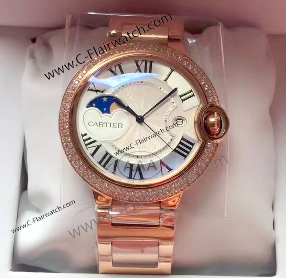New Fake Cartier Moon Phase Rose Gold watch Men 42mm